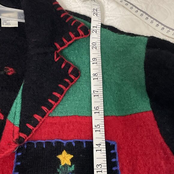 Vtg Belle Pointe Medium 100% Wool Sweater Button Christmas Patchwork Flaw Read - Picture 13 of 13